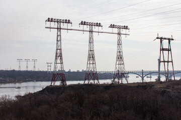 View of high-voltage power lines  on the  Khortytsia island   in Zaporizhzhia. Ukraine