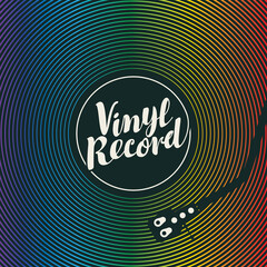 Wall Mural - Vector music banner with rainbow vinyl record, record player and calligraphic inscription. Suitable for music poster, flyer, card, brochure, invitation, cover