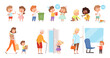 Behaving kids. Childrens with good manners helping to adult and otherness helpful respect vector characters. Manners and obedient, courteous and respectful, interaction politeness illustration