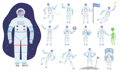 Wall Mural - cosmonaut costume. professional clothes of astronaut vector flat characters in action poses. astrona