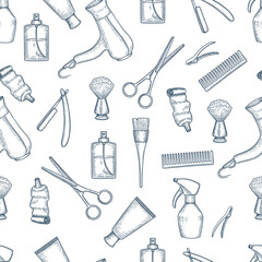 Poster - Barber shop pattern. Vintage razor comb scissors beauty salon items vector seamless background. Illustration seamless background barbershop, barber vintage pattern