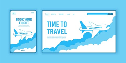 airplane ticket template or landing page design, banner with flying airliner in sky