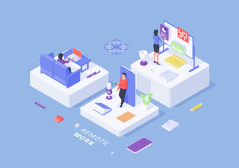 Poster - Isometric characters of workers doing job remotely