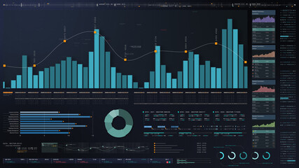Fototapete - Business stock market, trading, info graphic with animated graphs, charts and data numbers insight analysis to be shown on monitor display screen for business meeting mock up theme