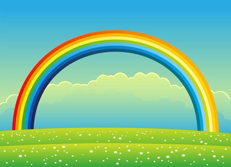 Wall Mural - Illustration with a beautiful rainbow in the sky over a green meadow with flowers.