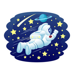 Wall Mural - Illustration with an astronaut flying in space among stars and planets.