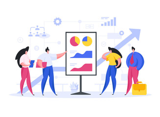Poster - Entrepreneurs showing graphs to investors. Flat vector illustration