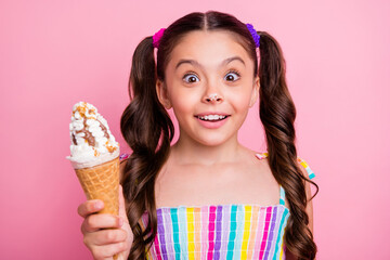 Sticker - Closeup photo of beautiful funny little lady two long tails hold big cone gelato cream spot on nose carefree good mood girlish wear summer dress isolated pastel pink color background