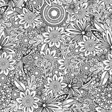 Hand Drawn Seamless Pattern With Leaves And Flowers. Doodles Floral Ornament. Black And White Decorative Elements. Perfect For Wallpaper, Adult Coloring Books, Web Page Background, Surface Textures.
