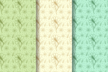 Poster - Set of Batik Seamless pattern with fantasy flowers, natural wallpaper, floral decoration curl illustration.  print hand drawn elements. Home decor. the pastel color are green, brown, and blue. 