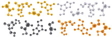 Molecules And Molecular Crystal Lattices Of Gold, Silver, Copper Or Bronze, Black Coal Or Dark Gray Colors. Molecular Bonds. Set. Vector Abstract 3d Illustration Of Molecular Model Isolated