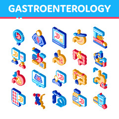 Poster - Gastroenterology And Hepatology Icons Set Vector. Isometric Gastroenterology Department, Stomach Ache And Analysis, Fat Food And Unhealthy Drink Illustrations