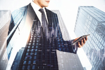 Poster - Businessman using tablet and digital falling chart