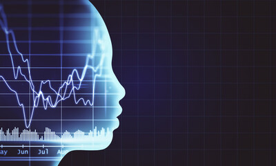 Poster - Glowing woman head with stock analytics and business report