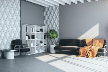 Contemporary living room with sofa and shelf with book.