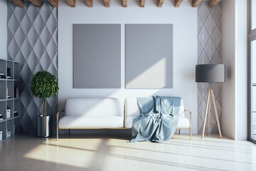 Modern living room with two blank banners on wall.