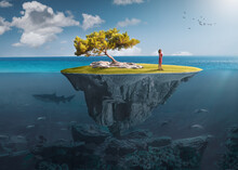 Desolate Island With Lone Girl As Freedom Concept