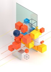 Poster - Abstract 3d render visualization background, template modern composition of geometric shapes in isometric . Cube, sphere, cylinder, line.