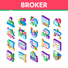 Wall Mural - Broker Advice Business Icons Set Vector. Isometric Broker Businessman And Consultant, Sell And Buy, Professional Estate Agent Illustrations