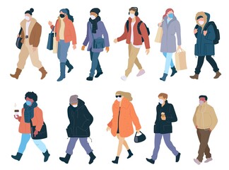 Set walking people in surgical mask of season casual clothes winter, spring and autumn street style. Vector flat cartoon collection of colorful isolated illustration.