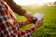 © maxbelchenko - Farmers reading and discussing a report in a tablet computer on an agriculture field at sunset. Checking wheat field progress.The concept of the agricultural business.