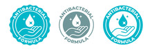 Antibacterial Hand Gel Sanitizer Icon, Vector Anti Bacterial Formula Antiseptic Hand Wash Logo. Antibacterial Alcohol Sanitizer, Covid Coronavirus Clean Hygiene Medical Hands Protection