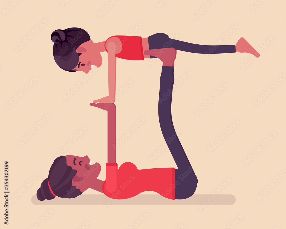Family yoga, black happy yogi mother, daughter in sports wear practicing acroyoga balance exercise, kid and parent enjoying yogic practice together. Vector flat style cartoon illustration, side view - obrazy, fototapety, plakaty 