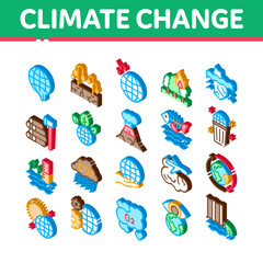 Poster - Climate Change Ecology Icons Set Vector. Isometric Climate Warming And Drought, Deforestation And Forest Fire, Co2 Emission And Eruption Illustrations