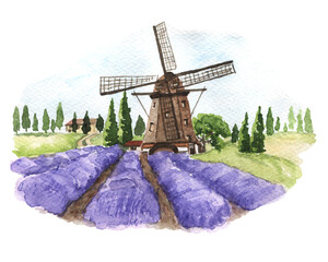 Watercolor landscape of Provence. Hand-drawn lavender fields and old mill. It can be used for card, postcard, cover, invitation.