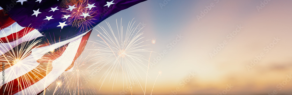 Celebration colorful firework on America flag pattern on sky background, red blue white strip concept for USA 4th july independence day, symbol of patriot freedom and democracy in memorial day festive - obrazy, fototapety, plakaty 