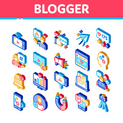 Poster - Blogger Internet Social Channel Icons Set Vector. Isometric Blogger Web Site And Likes, Photo Camera And Bell, Loudspeaker And Magnet Illustrations