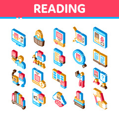 Poster - Reading Library Book Icons Set Vector. Isometric Reading And Learning, Smartphone And Computer Education E-book, Shelf With Literature Illustrations