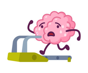 Wall Mural - Pink Brain Running on Treadmill, Funny Human Nervous System Organ Cartoon Character Vector Illustration on White Background