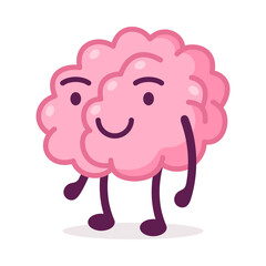 Wall Mural - Cheerful Smiling Pink Brain, Funny Human Nervous System Organ Cartoon Character Vector Illustration on White Background