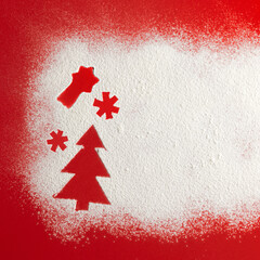 Wall Mural - Christmas tree on flour background. White flour looks like snow. Top view