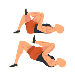 Poster - Man Doing Glute Exercise with Hip Raise in Two Steps, Male Athlete Doing Sports for Fit Body, Buttock Workout Vector Illustration on White Background