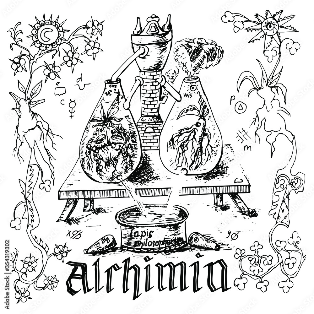 Vector illustration of an alchemical laboratory. Making the philosopher ...