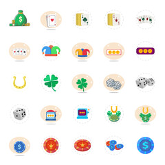  casino flat icon set with casino slot, dices, playing card, joker cap
