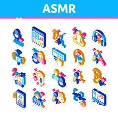 Poster - Asmr Sound Phenomenon Icons Set Vector. Isometric Asmr Autonomous Sensory Meridian Response, Microphone And Earphones, Music Player Illustrations