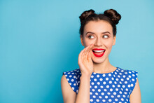 Close Up Photo Of Funny Lady Chatterbox Hold Arm Mouth Yelling Secret Information Crowd People Bad Cunning Person Wear Dotted White Blouse Isolated Blue Color Background