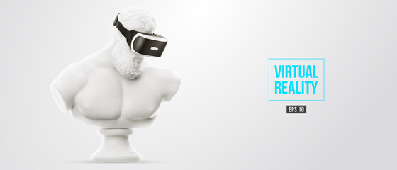 VR headset, future technology concept banner. 3d of the white statue of Hercules, man wearing virtual reality glasses on white background. VR games. Vector illustration. Thanks for watching