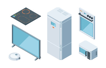 Kitchen isometric furniture set. Two chamber modern white refrigerator microwave plasma tv induction stove electric oven programmable vacuum cleaner. Vector isometric cartoon style.