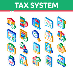 Wall Mural - Tax System Finance Icons Set Vector. Isometric Tax System Building And Car, Document And Mail Notice, Abacus And Scales Illustrations