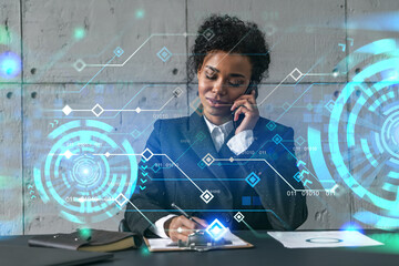 businesswoman talking phone and binary technology hologram. double exposure. security network concep
