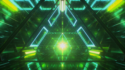 Wall Mural - Abstract endless flight in a futuristic geometric metal corridor made of triangles. Modern green neon lighting. Light at the end of the tunnel. 3d illustration