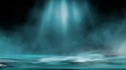 Wall Mural - Dramatic dark background. Reflection of light on the water. Smoke fog. 3d illustration