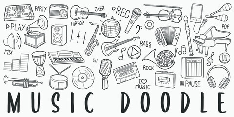 music tools doodle line art illustration. hand drawn vector clip art. banner set logos.