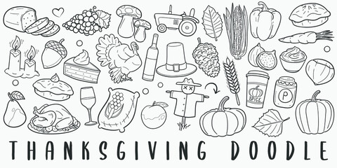 Wall Mural - Thanksgiving Autumn Doodle Line Art Illustration. Hand Drawn Vector Clip Art. Banner Set Logos.