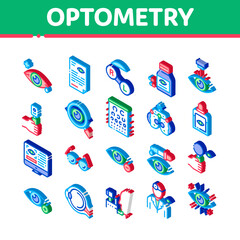 Poster - Optometry Medical Aid Icons Set Vector. Isometric Optometry Doctor Equipment And Pills Bottle, Eye Drops And Glasses, Research And Health Illustrations
