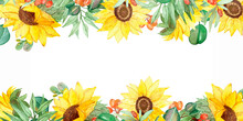 Watercolor Hand Painted Nature Garden Plants Banner Frame With Yellow Sunflowers, Orange Sea Buckthorn Berries And Green Eucalyptus Leaves On Branch Bouquet With The Space For Text